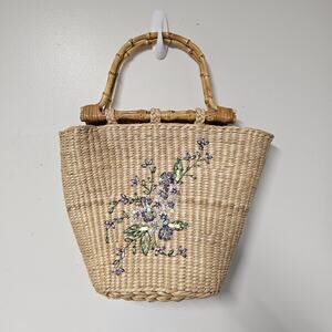 Vtg Cappelli Straworld Woven Purse Tote Embroidered Sequined Floral Purple